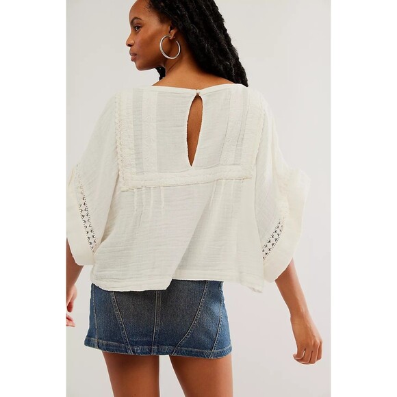 Free People Eden Lace Tee Blouse Top Babydoll Crochet Lace Cotton L NWT 285796 - Picture 2 of 9